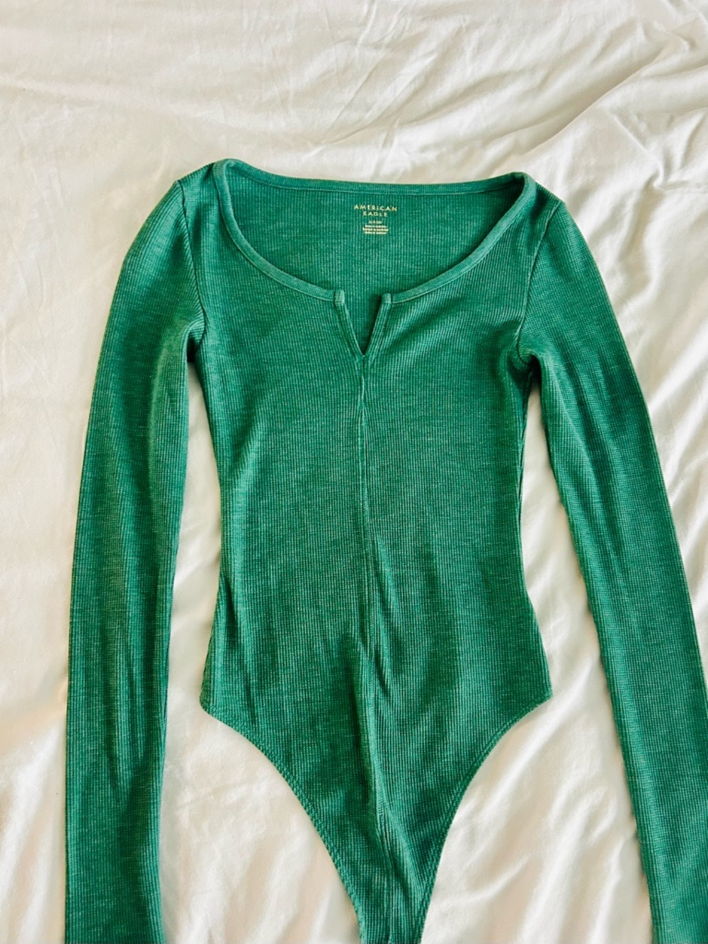 New American Eagle Outfitters Green Ribbed Long-Sleeve Bodysuit